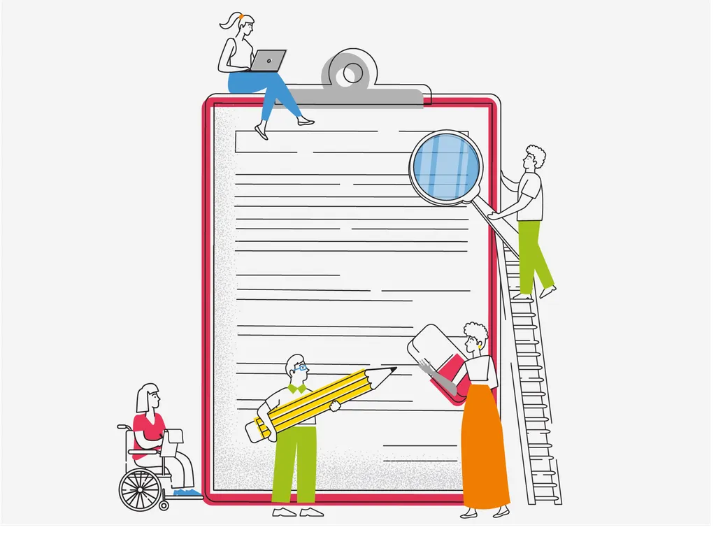 Sketch of people inspecting a document