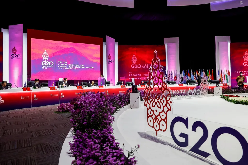 G20 Indonesia meeting room, delegates preparing in the background