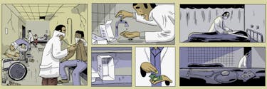 Illustrations: a doctor tries to work in an overcrowded hospital, without the right material and running water
