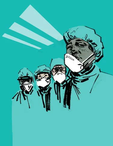 An illustration of four people wearing surgical caps and masks against a green background, reminiscent of a hospital