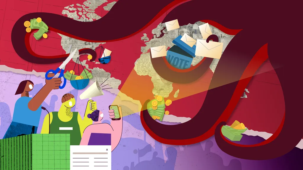 Dark red octopus crawls over map of the world grabbing money, voting boxes and the scales of justice, as activists and protestors fight back, cutting a tentacle with scissors, shouting through a megaphone and organising resistance with a phone that is filming it.