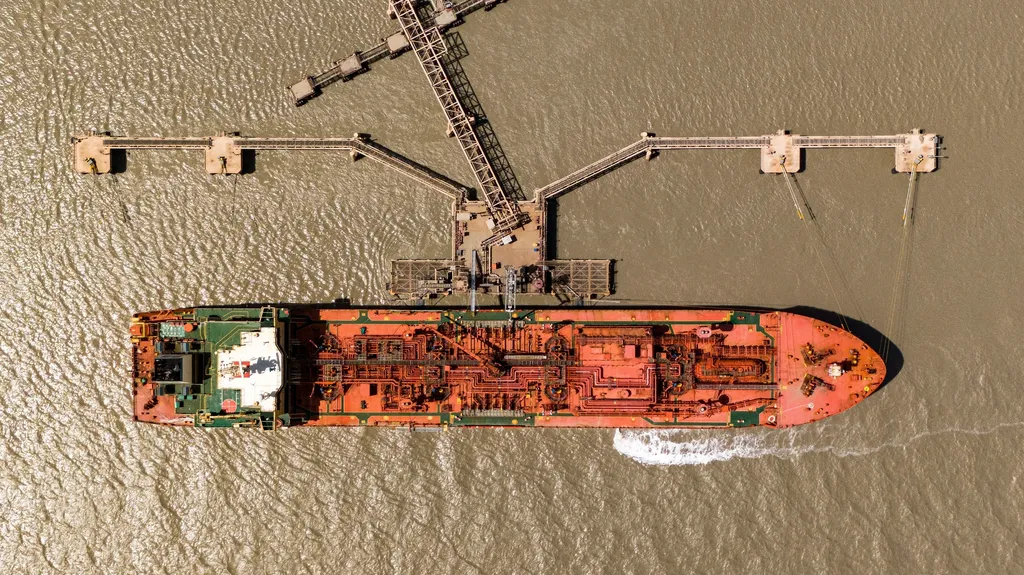 Aerial view of a liquified petroleum gas tanker at the pier of the wharf of Umm Qasr, Iraq