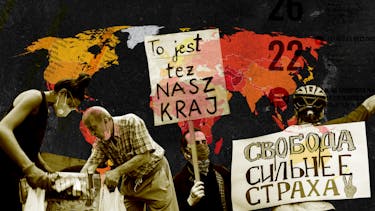 Collage showing a map of the world in yellow and red on a black background, with protest signs layered over it