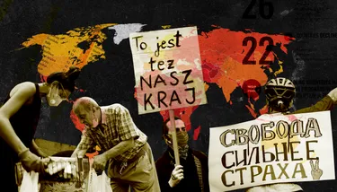 Collage showing a map of the world in yellow and red on a black background, with protest signs layered over it