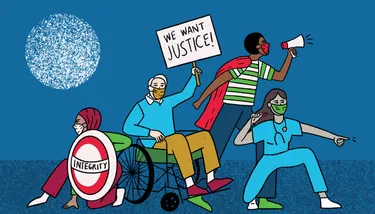 Illustration depicting four integrity heroes protesting for justice and shielding against COVID-19 corruption with integrity.