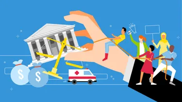 Illustration: on a blue background a giant white hand, presumably from a person wearing a suit, tries to grab an ancient, official-looking building, white with columns. Small people sit on the sleeve and try to pull the building back. Around the building there is a justice scale, bags of money, and an ambulance