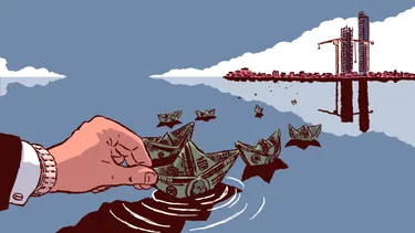 An illustration of a hand belonging to a white person in a suit, putting paper boats made out of dollars to sail towards a distant city with high rises and cranes in the background.