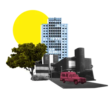A collage illustration of an urban scene. On the left side, in the foreground, is a single tree with a small bush. Between them, in the foreground, a windmill for wind energy stands tall. On the rightside, an hospital with an ambulance parked in front of its entrance. Between them, on the background, is a tall public housing building.