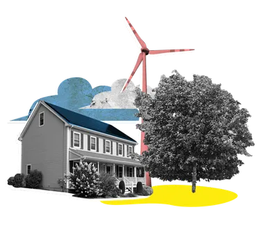 A collage illustration of a country scene. On the left side, in the foreground, is a house with solar panels on the roof. On the right side, is a single tree. Between them, in the foreground, a windmill for wind energy stands tall.