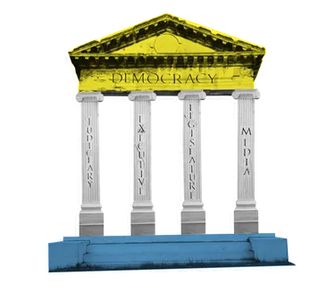 A collage illustration of a Greek temple with four columns. On each columns are the words "judiciary", "executive", "legislature", "media". The triangular pediment of top of them features the word "democracy".